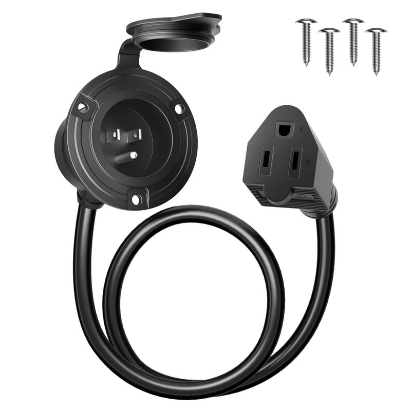 PlugSaf Shore Power Inlet Plug 15 Amp 125V AC Port Plug with Waterproof Cover, RV Electrical Outlet Receptacle Box with 18" Outdoor Extension Cord, Nema 5-15 RV Shore Power Inlet for Cargo Trailer - Image 1